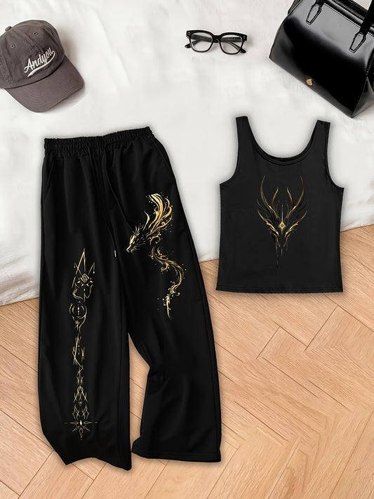 Ensemble Femme – Débardeur à Dragon Doré et Pantalon Large Assorti