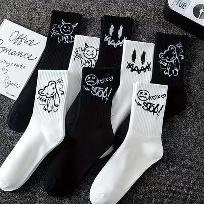 5 Paires de Chaussettes Mi-Mollet Noires & Blanches – Style Minimaliste et Cartoon