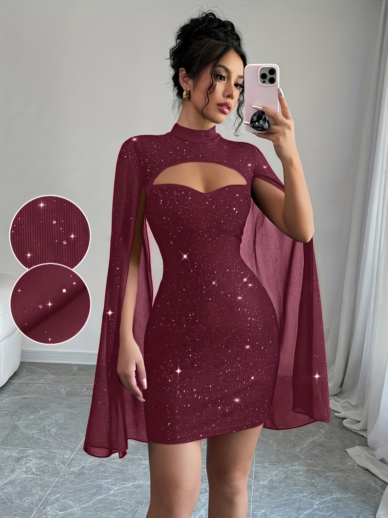 Robe Femme de Soirée – Col Montant, Style Cape Brillant, Parfaite pour Clubs et Fêtes