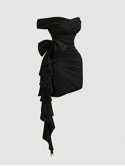 Robe Femme Bodycon – Col V, Deux Façons de Porter, Découpes Plissées Asymétriques avec Noeud, Sans Manches