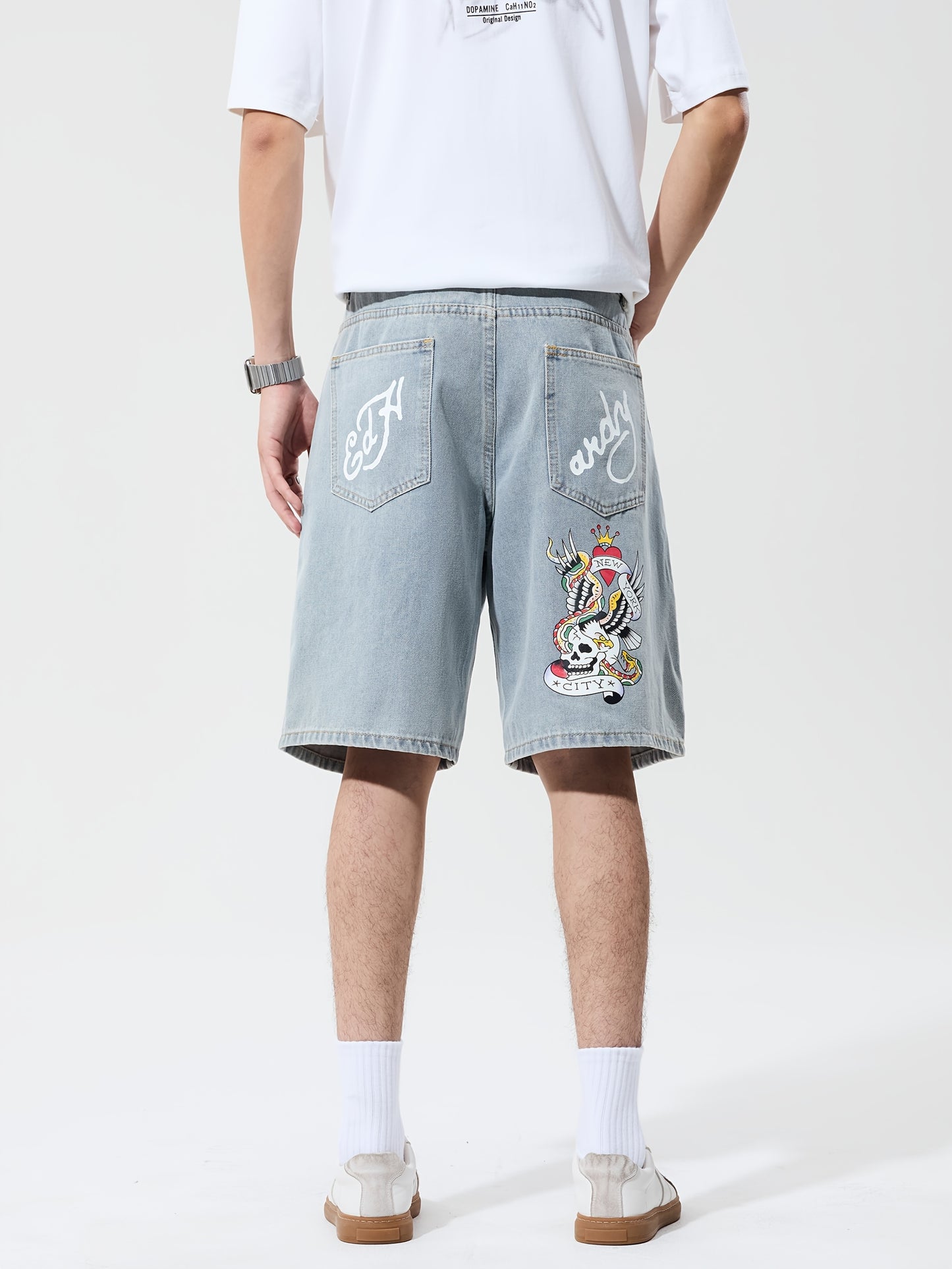 1pc Men's Streetwear Shorts - Loose Fit Non-Stretch Jeans-like Pants with Lettering, Knee-Length Casual Urban Outfit for Concerts, Festivals - Machine Washable, Concert Attire, Trendy Design, Denimlike Fabric, Festival Goers