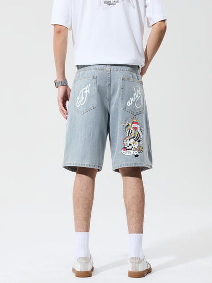 1pc Men's Streetwear Shorts - Loose Fit Non-Stretch Jeans-like Pants with Lettering, Knee-Length Casual Urban Outfit for Concerts, Festivals - Machine Washable, Concert Attire, Trendy Design, Denimlike Fabric, Festival Goers