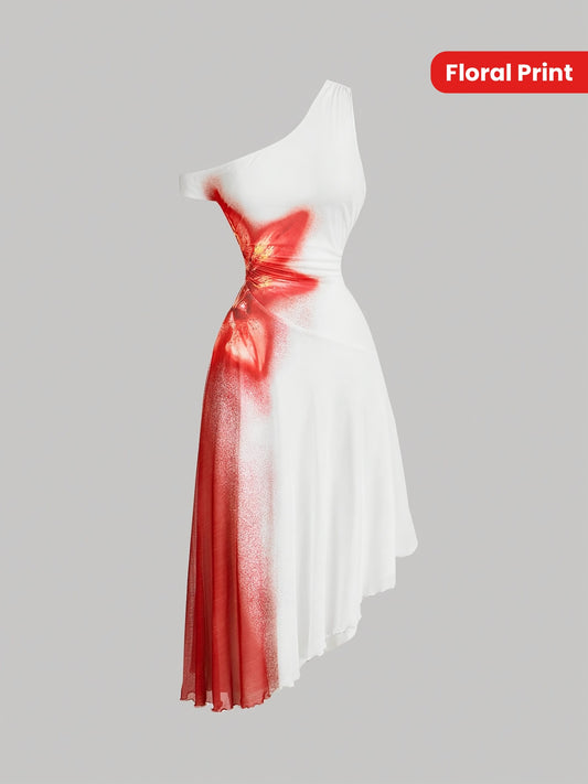 Robe Longue Fleurie Off-Shoulder – Ourlet Asymétrique et Détails en Dentelle