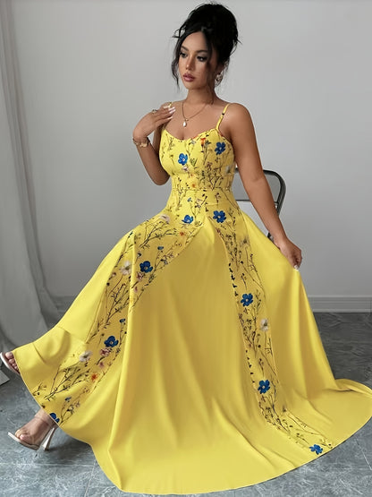 Robe Maxi Femme à Imprimé Floral – Bretelles Fines à la Française, Dos Nu, Jupe Évasée, Sans Manches, Parfaite pour Printemps et Été