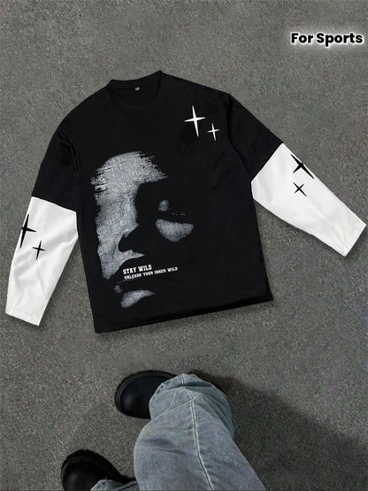 1171# Men's Spring/Autumn Patchwork 2-in-1 Look Long-Sleeve Trendy Letter Print Top, Autumn/Winter Outdoor Sports & Casual Wear