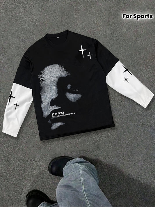 1171# Men's Spring/Autumn Patchwork 2-in-1 Look Long-Sleeve Trendy Letter Print Top, Autumn/Winter Outdoor Sports & Casual Wear