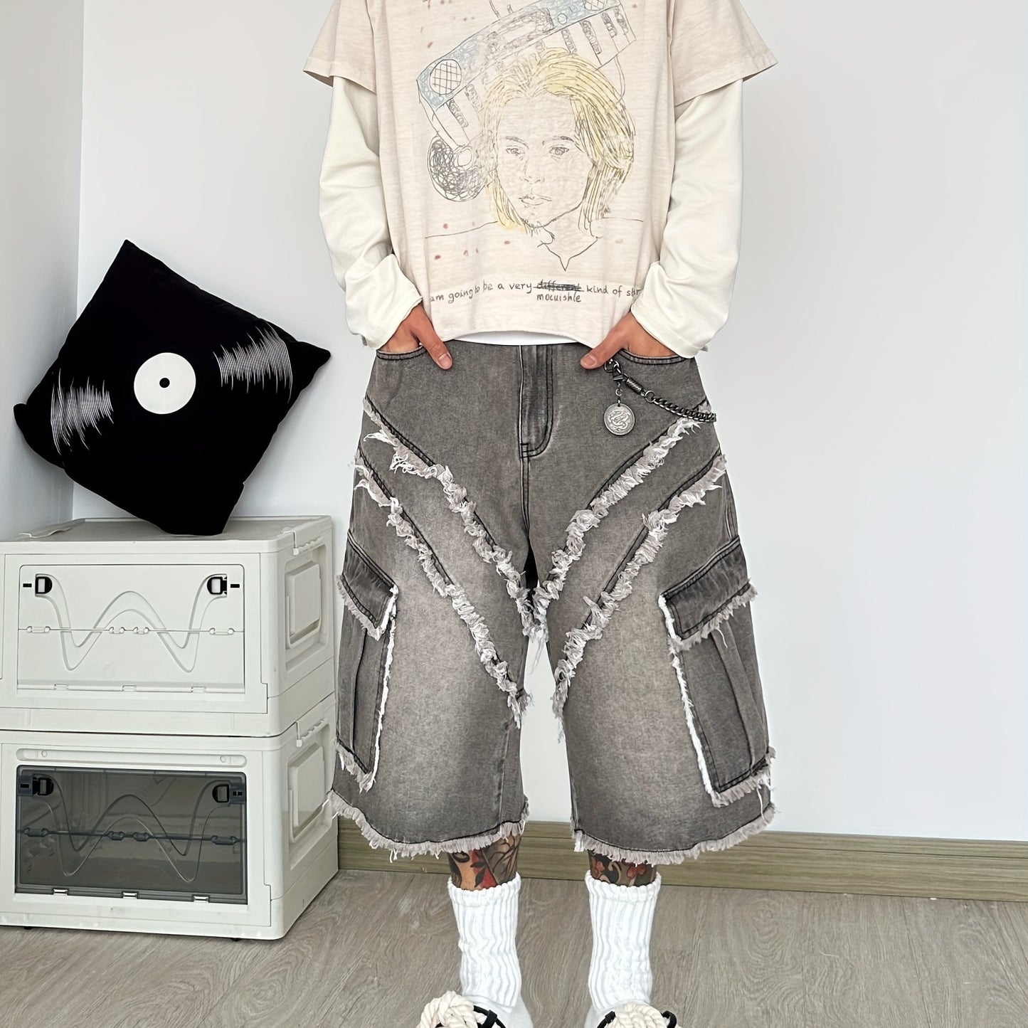 Pantalon Cargo Large en Jean Déconstruit à Franges – Style High-Street Américain, Coupe Ample, Sans Ceinture ni Accessoires