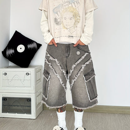 Pantalon Cargo Large en Jean Déconstruit à Franges – Style High-Street Américain, Coupe Ample, Sans Ceinture ni Accessoires