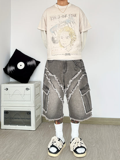 Pantalon Cargo Large en Jean Déconstruit à Franges – Style High-Street Américain, Coupe Ample, Sans Ceinture ni Accessoires