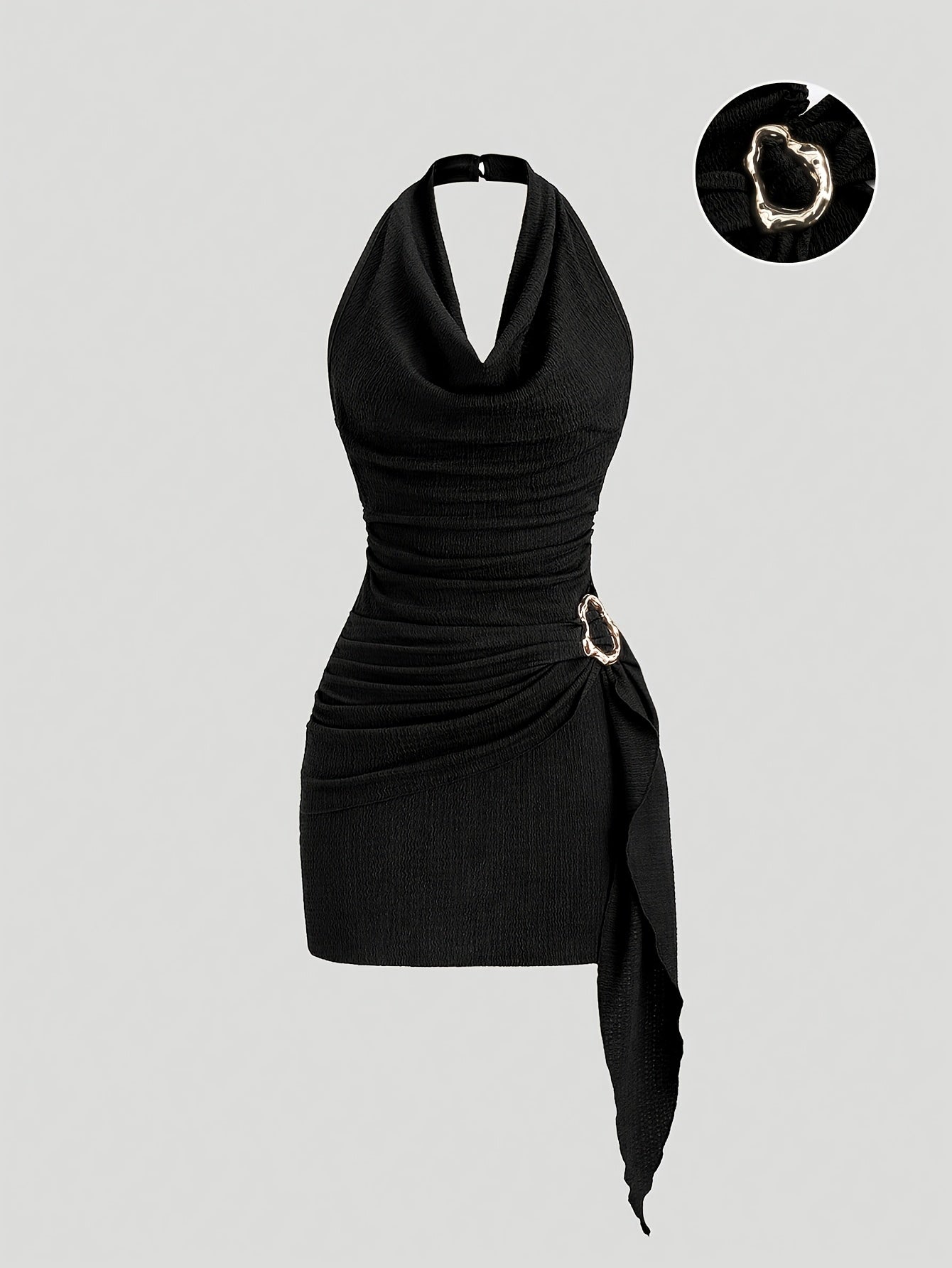 Robe Femme Sexy – Col Drapé, Taille Froncée, Ourlet Asymétrique avec Boucles Métal, Parfaite pour Soirées et Fêtes