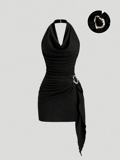 Robe Femme Sexy – Col Drapé, Taille Froncée, Ourlet Asymétrique avec Boucles Métal, Parfaite pour Soirées et Fêtes