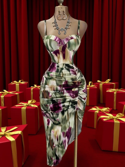 Robe Femme à Bretelles – Plis Irréguliers, Imprimé Cerise, Style Estival et Féminin