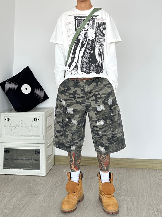 Short en Jean Camouflage Homme- Coupe Ample, Style Streetwear, Imprimé Tendance, Poches Multiples, Look Décontracté