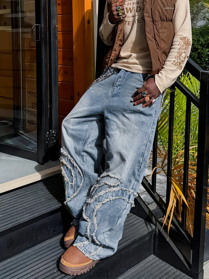 American high retro old washed jeans Men's loose wild straight pants