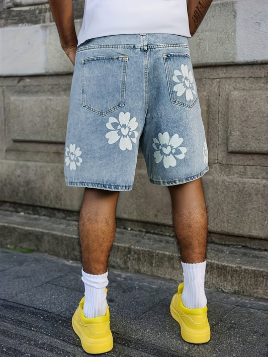Short en Jean Vintage Homme 2026 - Style Décontracté Urbain, Coupe Large, Taille Moyenne, Imprimé Fleurs Blanches, Non-Élastique