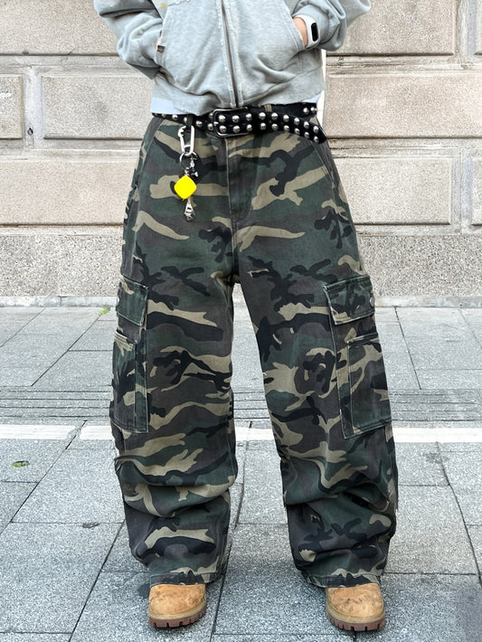 American High Street Vintage Camouflage Cargo Men's Wide-Leg Jeans - Multi-Pocket Design Loose Versatile Casual Pants (Belt Not Included/Accessories Not Included)