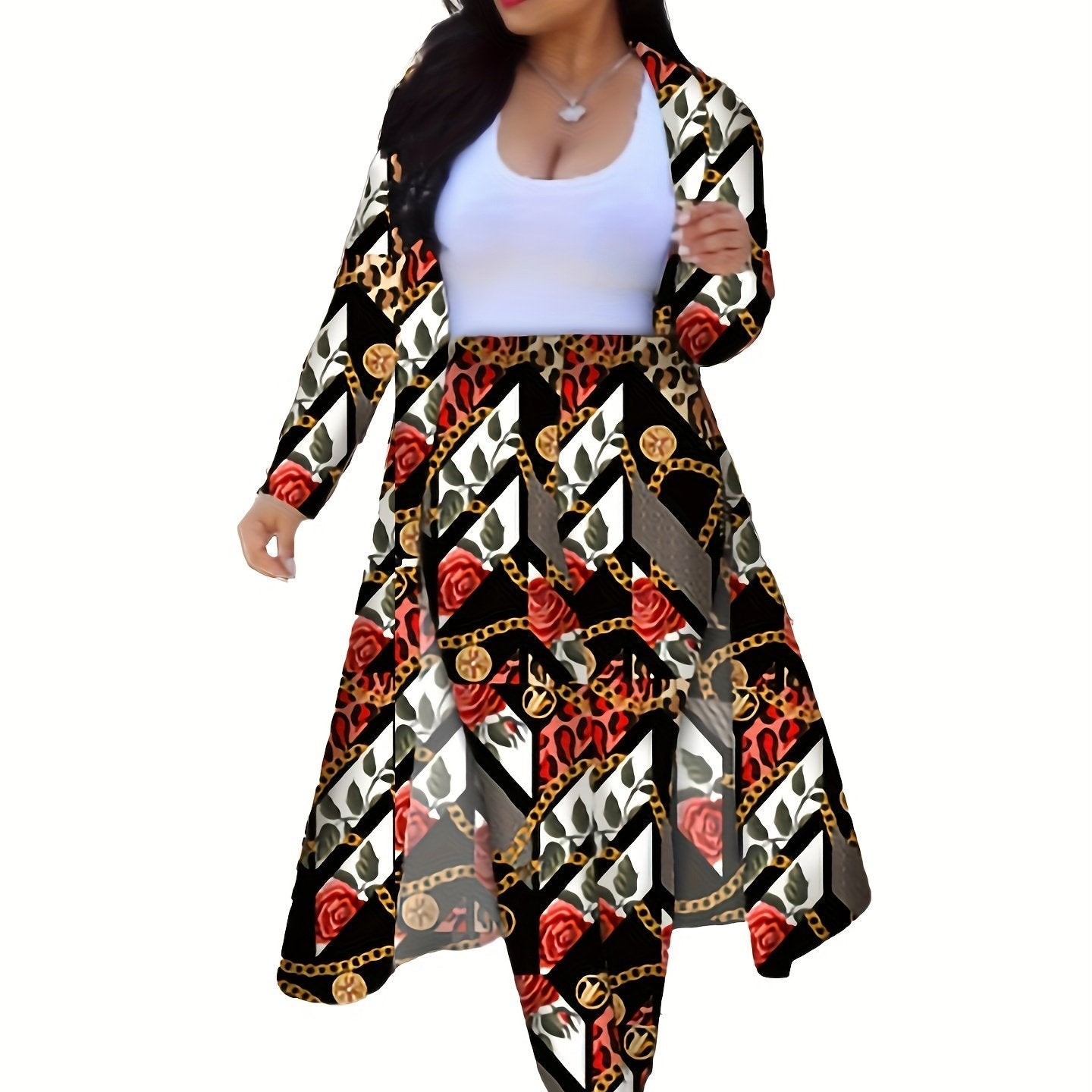 Casual Chain Print Two-piece Set, Long Sleeve Open Front Coat & High Waist Pants Outfits, Women's Clothing