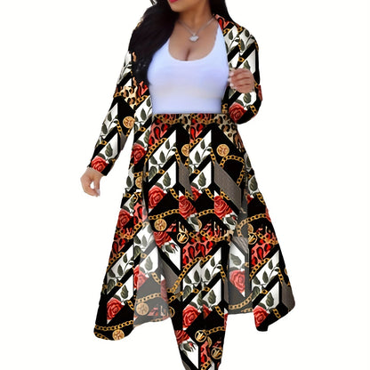 Casual Chain Print Two-piece Set, Long Sleeve Open Front Coat & High Waist Pants Outfits, Women's Clothing