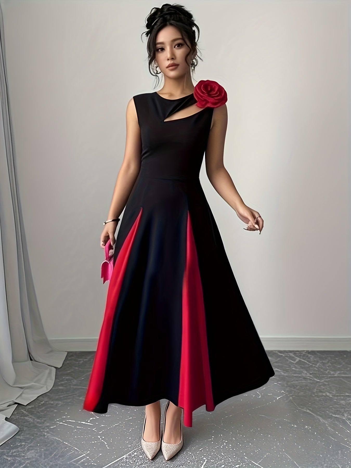 Robe Femme Sans Manches – Buste Colorblock, Découpes Modernes et Épaules Florales 3D, Ourlet Asymétrique