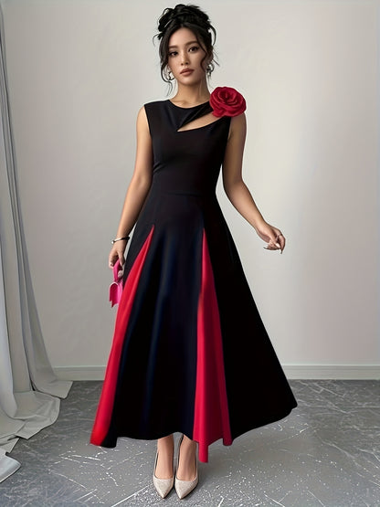 Robe Femme Sans Manches – Buste Colorblock, Découpes Modernes et Épaules Florales 3D, Ourlet Asymétrique