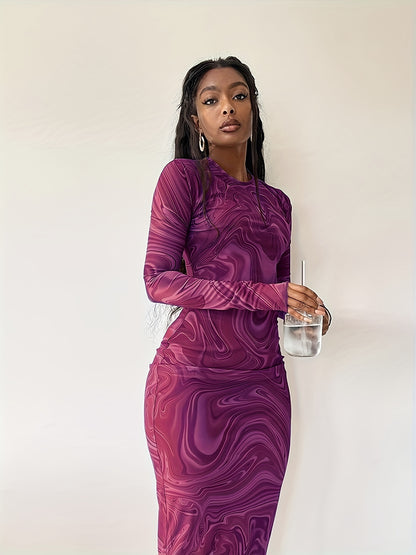 Abstract Ripple Print Dress, Sexy Mock Neck Long Sleeve Dress, Women's Clothing