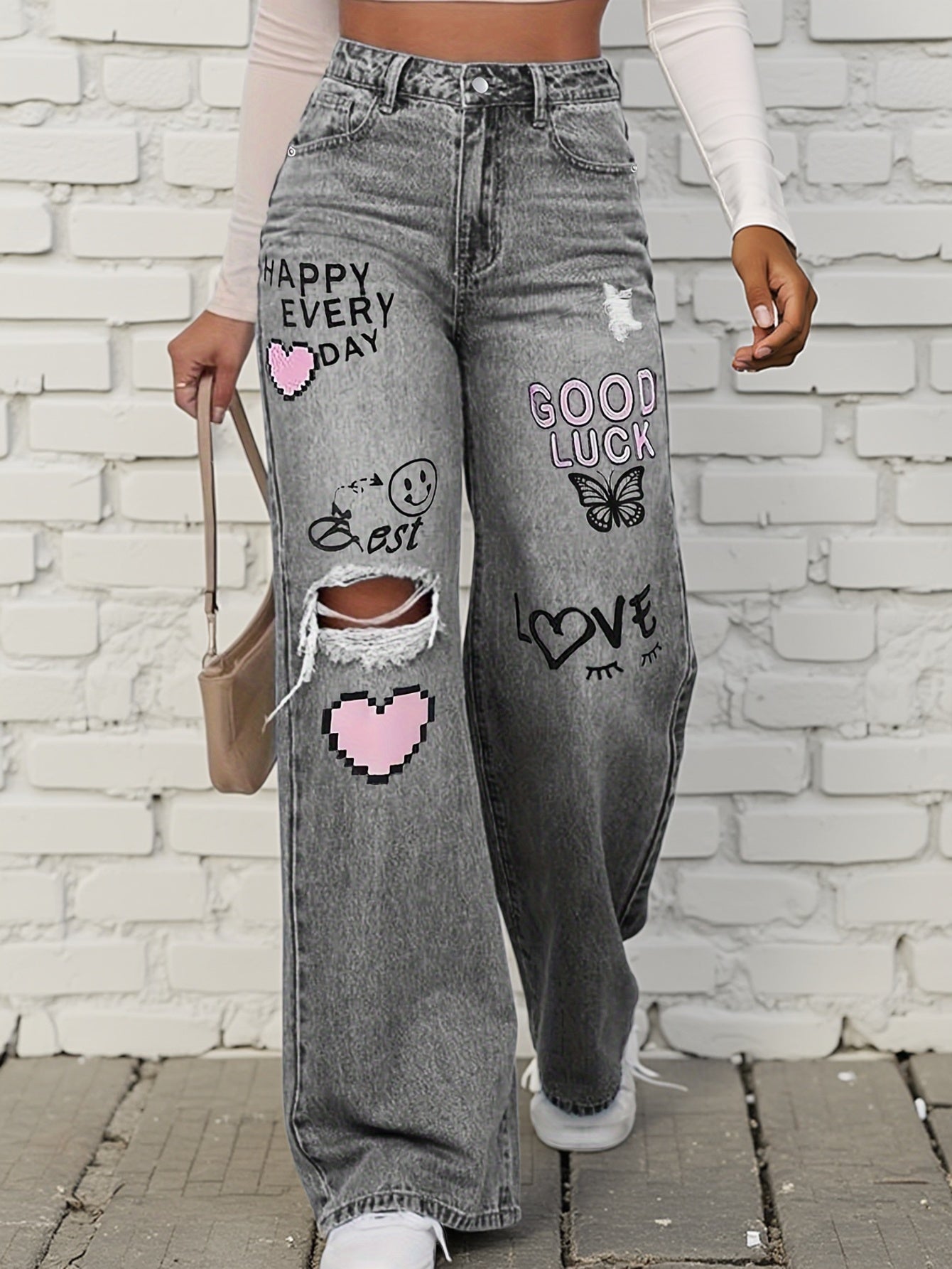 Pantalon femme déchiré imprimé