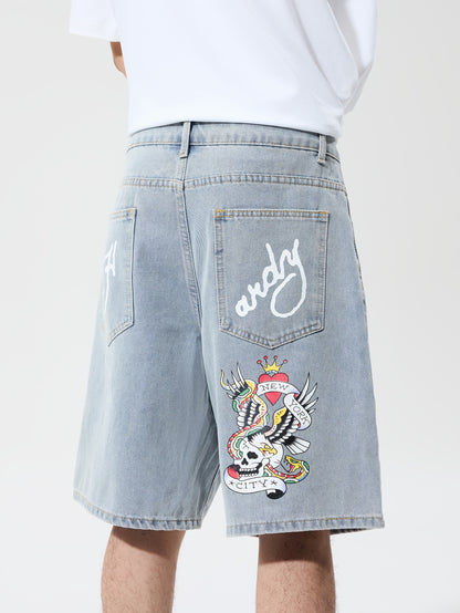 1pc Men's Streetwear Shorts - Loose Fit Non-Stretch Jeans-like Pants with Lettering, Knee-Length Casual Urban Outfit for Concerts, Festivals - Machine Washable, Concert Attire, Trendy Design, Denimlike Fabric, Festival Goers