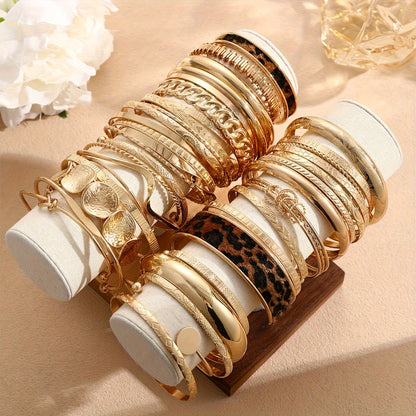 Set de Bracelets Vintage “Old Money” – 7/10/12 Pièces, Motifs Léopard et Nœud Torsadé, Élégance Intemporelle pour Femmes