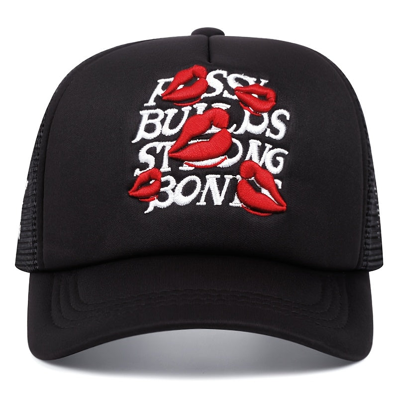 A Men'S Baseball Cap with Lip Print Embroidery, a Hip-Hop Trucker Hat for Outdoor Sports, Suitable for Women