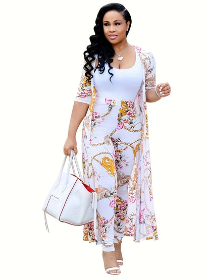 Casual Chain Print Two-piece Set, Long Sleeve Open Front Coat & High Waist Pants Outfits, Women's Clothing