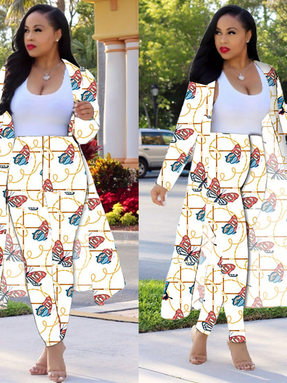 Casual Chain Print Two-piece Set, Long Sleeve Open Front Coat & High Waist Pants Outfits, Women's Clothing