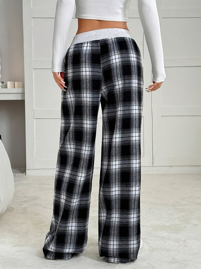 Pantalon Femme Léger à Carreaux – Taille Basse, Longueur Longue, Print Géométrique
