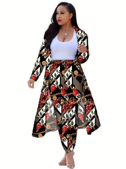 Casual Chain Print Two-piece Set, Long Sleeve Open Front Coat & High Waist Pants Outfits, Women's Clothing