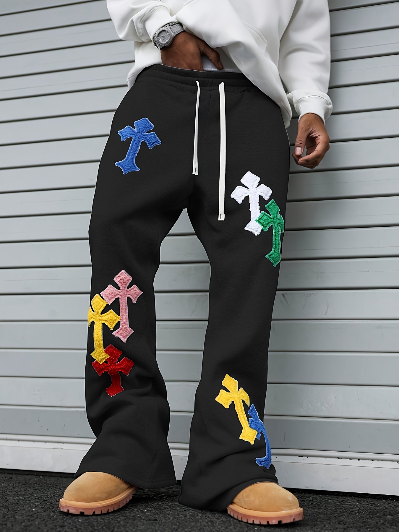 Pantalon de Jogging Homme Style Street Punk – Broderie Géométrique, Coupe Ample, Jambe Évasée, Idéal pour Toutes les Saisons