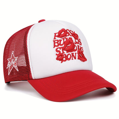 A Men'S Baseball Cap with Lip Print Embroidery, a Hip-Hop Trucker Hat for Outdoor Sports, Suitable for Women