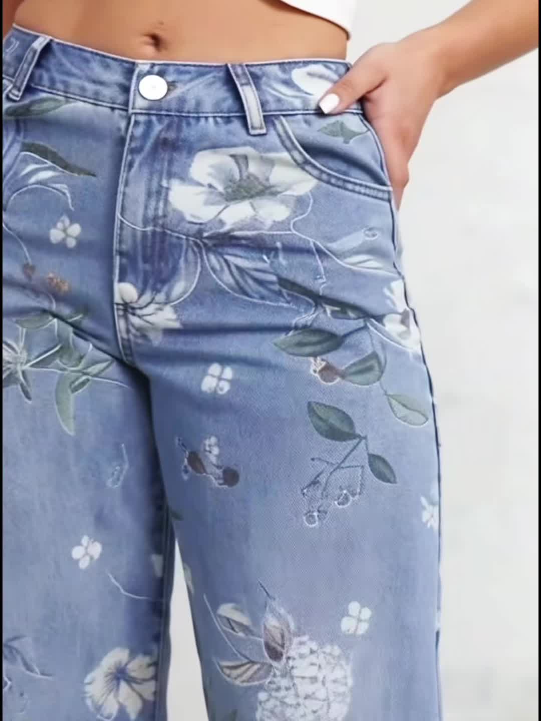 Jean femme vintage à jambes larges & imprimé floral