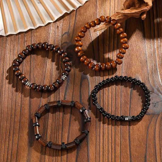 Lot de 4 Bracelets Homme – Pierres Noires et Perles en Bois