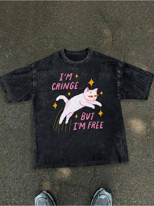 T-shirt Femme Vintage Noir – Graphique Chat “I’m Cringe But I’m Free”, Léger et Confortable