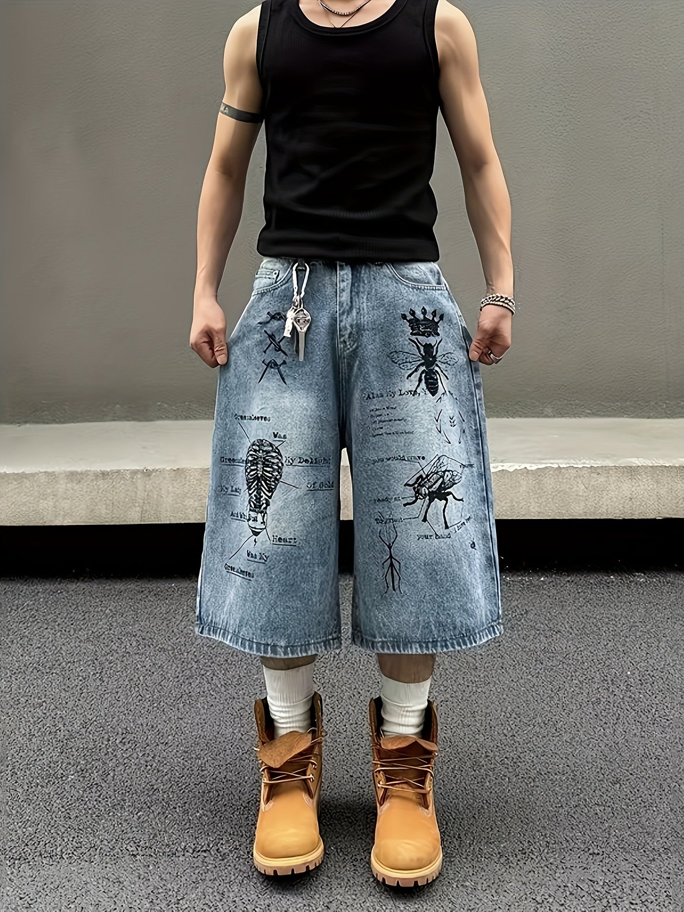 Short Jean Unisexe Style Rétro – Imprimé Graffiti Streetwear, Coupe Ample