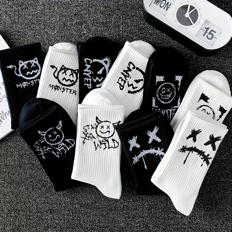 5 Paires de Chaussettes Mi-Mollet Noires & Blanches – Style Minimaliste et Cartoon