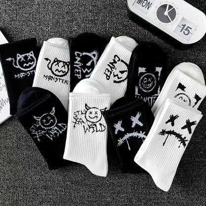 5 Paires de Chaussettes Mi-Mollet Noires & Blanches – Style Minimaliste et Cartoon