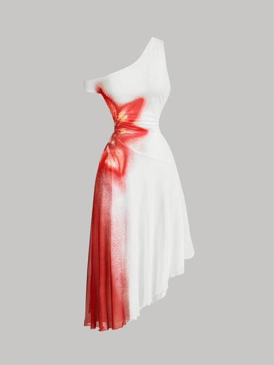 Robe Longue Fleurie Off-Shoulder – Ourlet Asymétrique et Détails en Dentelle