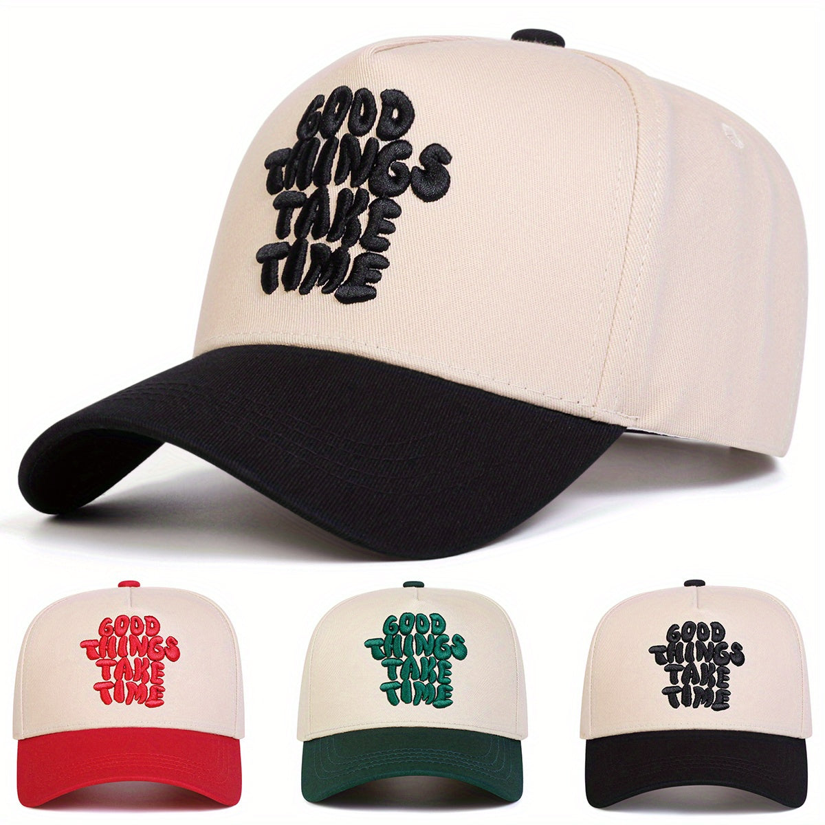 1pc Men's GOOD THINGS TAKE TIME Letter Baseball Cap, Fashion Five-Panel Adjustable Casual Outdoor Hat for Spring Autumn Travel Beach Party