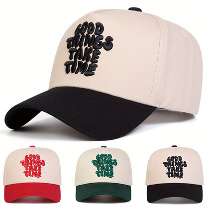 1pc Men's GOOD THINGS TAKE TIME Letter Baseball Cap, Fashion Five-Panel Adjustable Casual Outdoor Hat for Spring Autumn Travel Beach Party