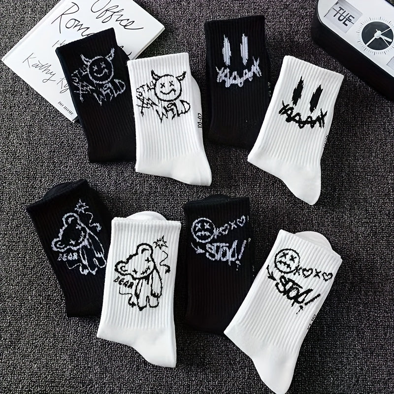 5 Paires de Chaussettes Mi-Mollet Noires & Blanches – Style Minimaliste et Cartoon