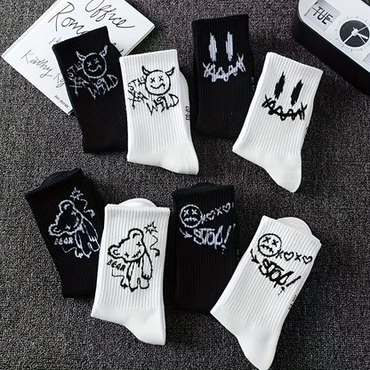 5 Paires de Chaussettes Mi-Mollet Noires & Blanches – Style Minimaliste et Cartoon