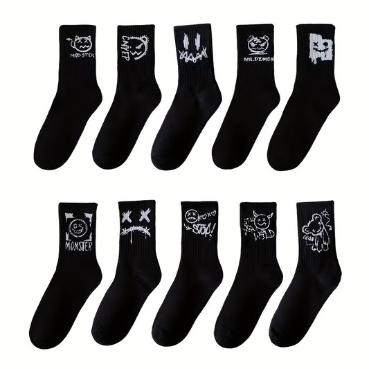 5 Paires de Chaussettes Mi-Mollet Noires & Blanches – Style Minimaliste et Cartoon