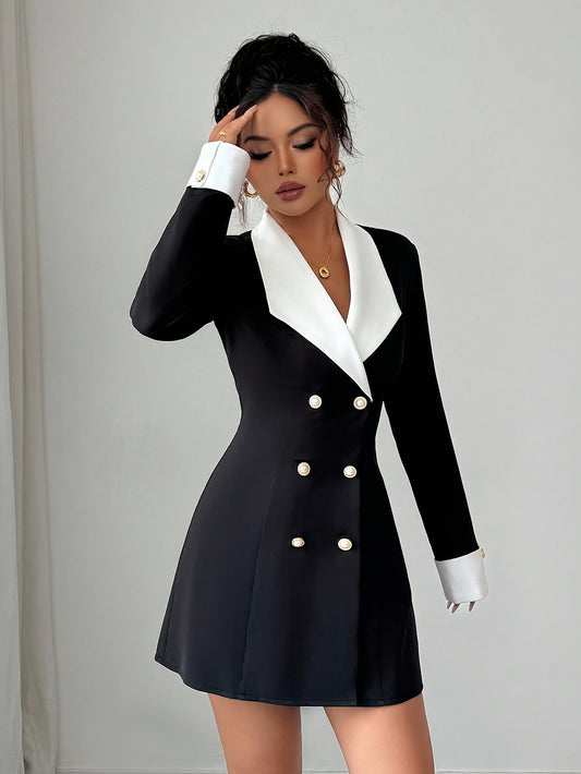 Robe Courte Femme – Style Français, Double Boutonnage, Noir et Blanc, Parfaite pour Soirées et Sorties