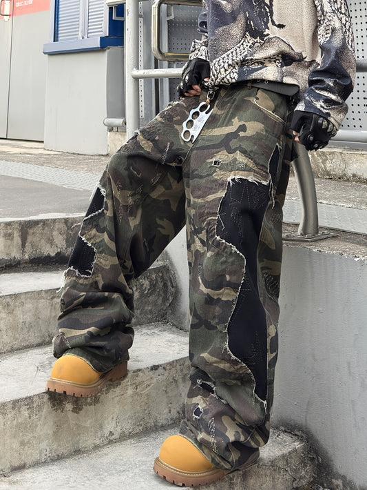 Jean Camo Homme Wide Leg – Patch Noir & Effet Déchiré, Style Streetwear