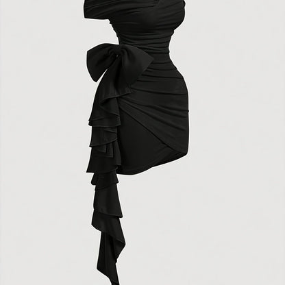 Robe Femme Bodycon – Col V, Deux Façons de Porter, Découpes Plissées Asymétriques avec Noeud, Sans Manches